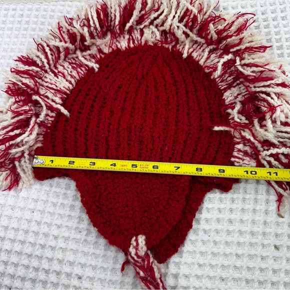 Yusu Tex 100% Alpaca Handmade Knitted Tassel Red White Beanie Mohawk Fringe - Picture 12 of 13